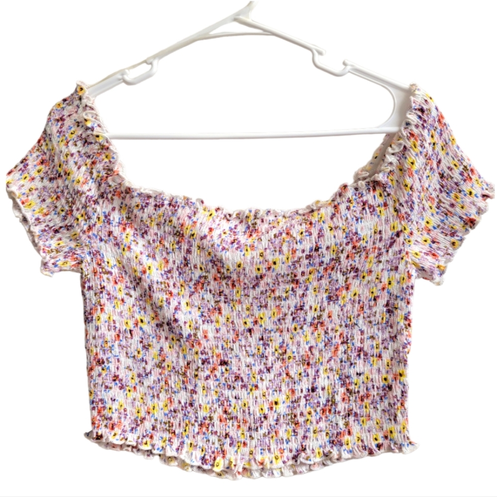 No Boundaries Floral Smocked Top Blouse Off The Shoulder Crop Top Size XL